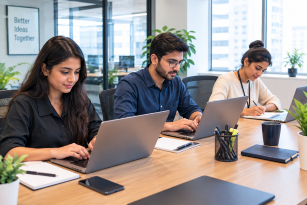 Colleagues discussing a project around a laptop